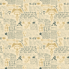 Fototapeta na wymiar vector image of a seamless texture for printing on fabric and paper in the form of an alchemical formula with encrypted symbols in the style of medieval old graphic manuscripts text lorem ipsum