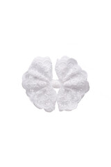 Detailed shot of a hair clip decorated with a white lace bow with a floral design. The fancy hair accessory is isolated on the white backdrop. 