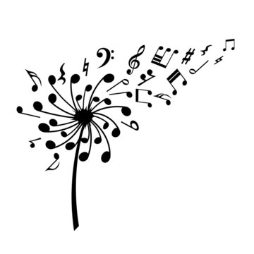 Dandelion melody black silhouette. Musical festival logo. Flower seeds notes. Music wildflower symbol. Isolated sound art