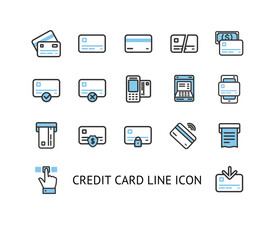 Credit Debit Card Sign Color Thin Line Icon Set. Vector
