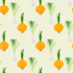 Seamless pattern with onion and leek. Vegetable vector background, kitchen theme design, farming. Cooking, vegetarians, healthy foods, vitamins. Root, stem onion. Food cartoon illustration hand drawn