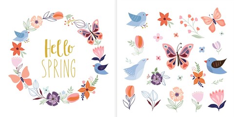 Hello spring collection with floral wreath and springtime elements, butterflies, flowers and birds, decorative design