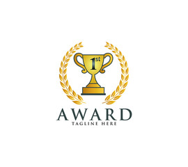 Award or winner logo vector image with laurel emblem and trophy cup on white background.