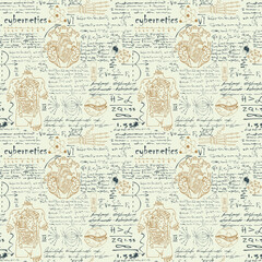 image of a seamless texture for printing on fabric and paper in the style of a sketch from the diary of a scientist-inventor with formulas and sketches of robots and mechanisms text lorem ipsum