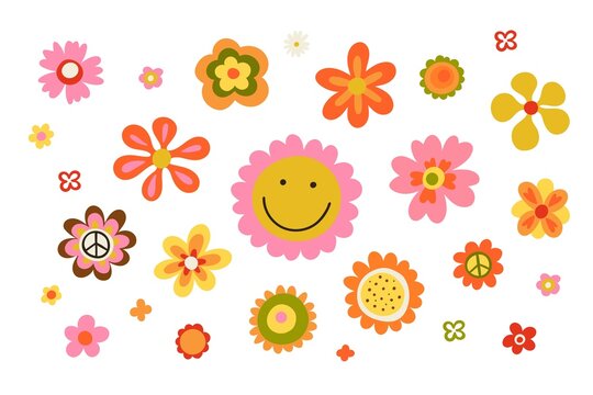 Hippy flowers set. Hippie style blossoms, retro vintage hand drawn decorative elements, 60s and 70s abstract flower, bright colors childish cute decor, doodle objects peace and funny faces vector