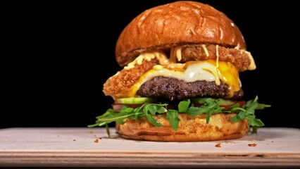 Craft burger is cooking on black background in black food gloves. Consist: sauce, arugula, tomato,...