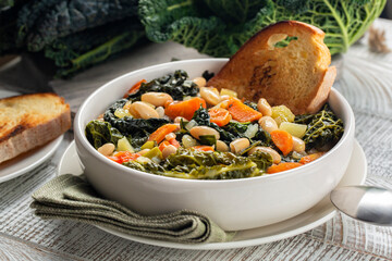 Close-up of Tuscan vegetarian bread Soup made with toasted bread and vegetables. Ribollita....