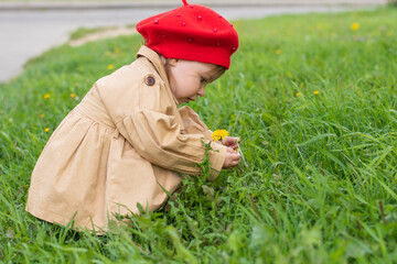 Charming Toddler in a beige raincoat and red beret admires a flower in spring.