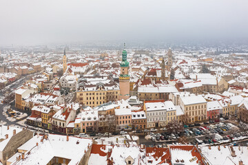Aerial panoramic view of Sopron downtown. Winter cityscape with snowy rooftops.