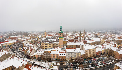 Aerial panoramic view about Sopron downtown. Winter cityscape with snowy rooftops.