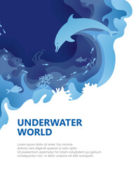 Underwater world paper, beautiful vector background with dolphin, fish and corals  - 488510763