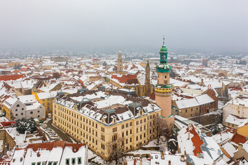 Fototapeta premium Aerial view about the iconic Fire tower and Sopron city hall in the heart of the city. 