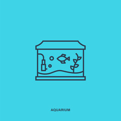 Linear black fishbowl icon isolated on blue background. Aquarium with fish and algae flat vector. Aquarium icon with black ouline