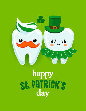 Happy saint Patrick’s Day - Tooth couple character design in kawaii style. Hand drawn Toothfairy with funny quote. Good for school prevention posters, greeting cards, banners, textiles.