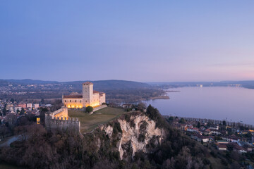 Aerial view over Rocca Borromea looking at south towards Ticino during the blue hour.