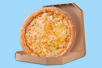 italian vegetarian pizza with cheese and tomatoes, in an open box, on a cyan background, concept