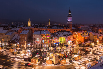 Panoramic aerial view about christmas market at Sopron.