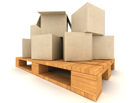 Cardboard boxes on a pallet.Isolated On a white background.3d Render Illustration.