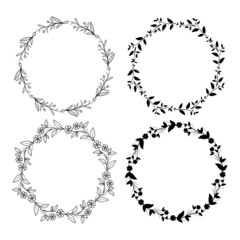 Set of hand drawn doodle round floral wreaths frames. Flower line and leaf circle frames design elements for wedding, mothers day, birthday, invitations.