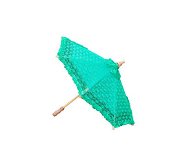 Green fabric lace umbrella wedding accessory with wood handle isolated on white background , clipping path