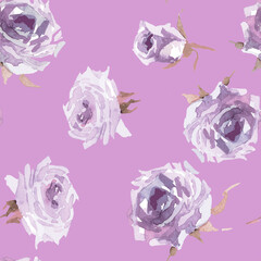 White roses watercolor isolated on light purple background seamless pattern for all prints.