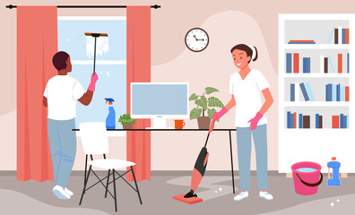 Cleanup of home or office workplace by cleaning service team vector illustration. Cartoon man in gloves washing dirty window with detergent and water, woman working with vacuum cleaner background