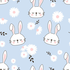 Seamless pattern with sleeping rabbit cartoons and daisy flower field on blue background vector illustration.