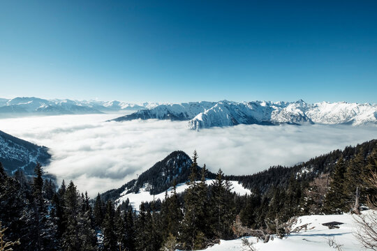 Rofan Mountains with heavy fog over Achen Lake and Inntal