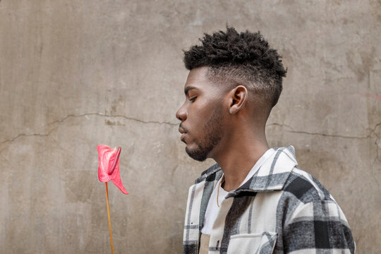 Young man looking at flamingo lily in front of wall