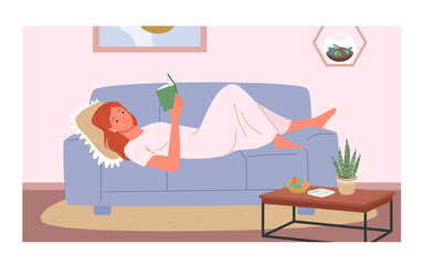 Lazy girl lying on home comfortable sofa to read book vector illustration. Cartoon adult woman reading interesting educational literature from library in free time, person enjoying story background