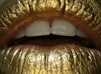 Macro close up golden lipstick closeup. Lips with metal makeup. Sexy lips, Metallic lipstick close up.