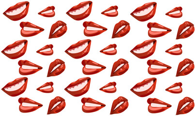 Sexy female lips with red lipstick. Vector Fashion Illustration Woman Beautiful Mouth Seamless Pattern. Collection expressing different emotions.