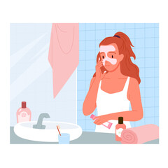 Woman cleaning face in daily cleansing routine in home bathroom vector illustration. Cartoon adult young woman with facial mask doing skincare procedure, person standing by washbasin background