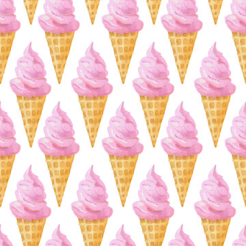Watercolor illustration with pink ice cream in the waffle cone. Hand-drawn illustration isolated on the white background
