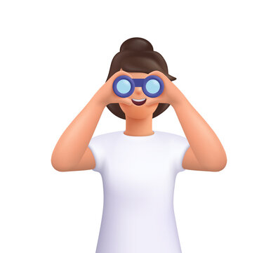 Young smiling woman Jane looking through binoculars. Searching for a job, opportunities, new business ideas. Research, web surfing.3d vector people character illustration. Cartoon minimal style.