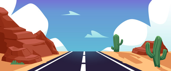 Western landscape in the desert with highway road, rock cliffs and cactuses - flat vector illustration.