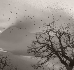 Vector landscape with a flying flock of birds on a background of mountains. watercolor effect	
