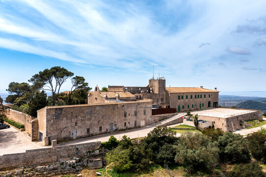 Spain, Mallorca, Helicopter view of Sanctuary of Cura situated on summit of Puig de Randa in summer