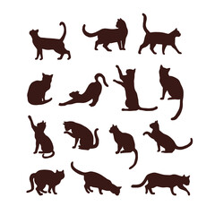 Black cat silhouette in various poses minimalistic vector illustration set isolated on white. Monochrome cats figures print collection for Halloween or tee shirt design.