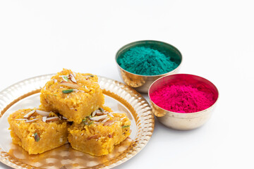 Exotic Indian Sindhi Mithai Sev Badam Halwa Burfi Barfee Or Barfi Served With Red And Green Gulal Holi Color Powder Isolated On White Background