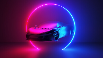 3d rendered illustration of a neon style sports car