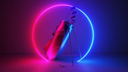 3d rendered illustration of a neon style golf set