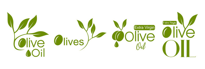 olives, olive oil abstract leaves, and Olives logo, labels designs vector illustrations
