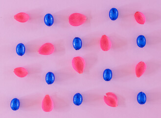 Easter eggs flat lay background