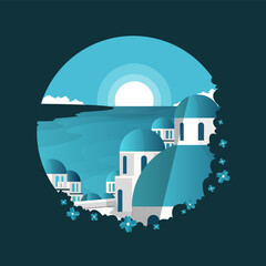 Santorini Greece Aegean Sea View Vacation Travel Tour Circle Emblem - obrazy, fototapety, plakaty