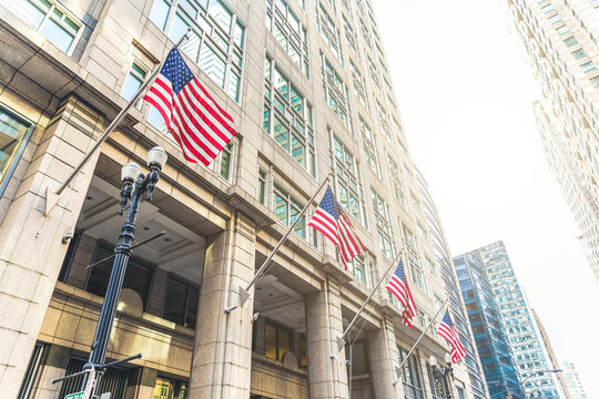 American Flags on building, Chicago, USA