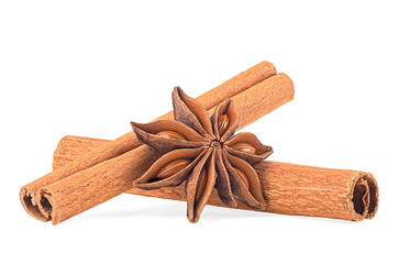 Cinnamon sticks and star anise spice isolated on a white background