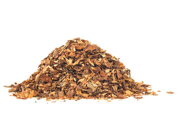 Dried tobacco pile isolated on a white background. Tobacco shag.