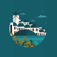 Night Santorini Greece Aegean Sea Vacation Travel Tour Circle Emblem