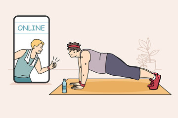 Online training and overweight concept. Smiling sweating fatty man doing sports fitness workout online looking at coach on smartphone screen at home vector illustration 
